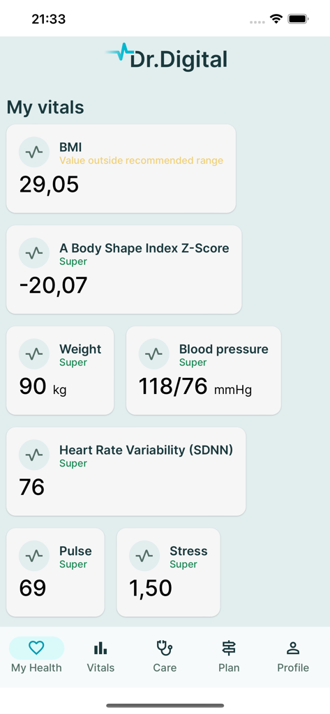 Dr. Digital - Screenshot of the Dr. Digital app showing the My Vitals dashboard with health metrics like BMI, blood pressure, weight, and pulse.