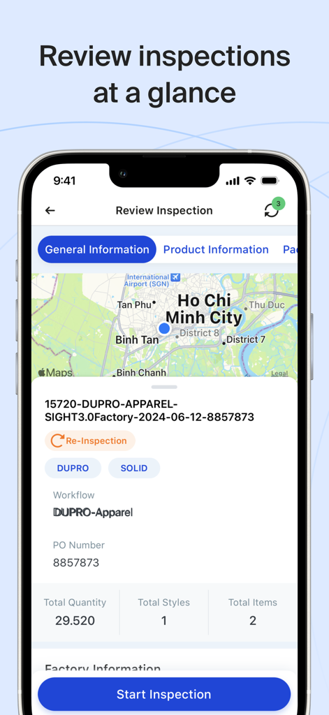 Interface do aplicativo móvel Inspectorio QRM mostrando detalhes de inspeção de qualidade com um mapa de localização da fábrica e resumo da produção.