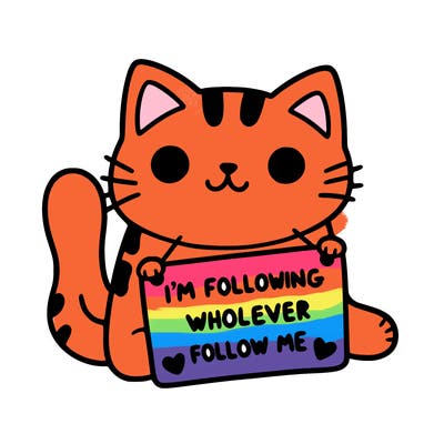 cat with a sign that says i’m following whoever follows me