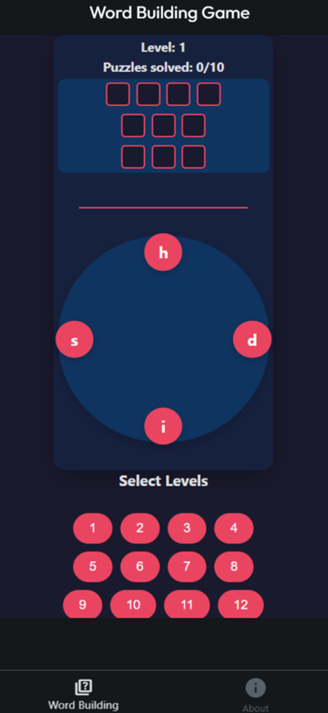 Word Building Game: Word Maker - Interface of the Word Building Game showing level one with a letter circle and level selection menu.