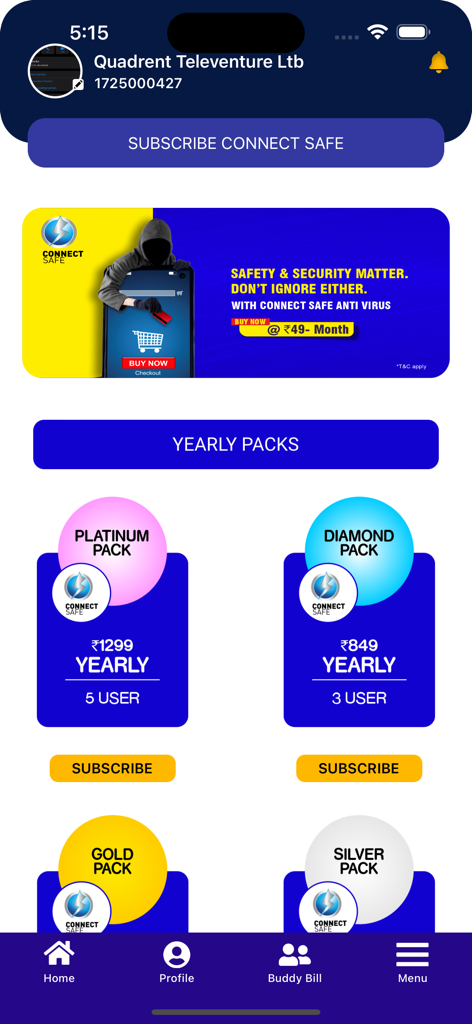 Connect Broadband mobile app screen displaying yearly subscription plans for Connect Safe security services.