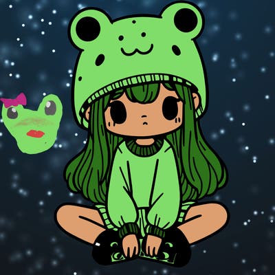 a girl wearing a frog hat and some frog socks