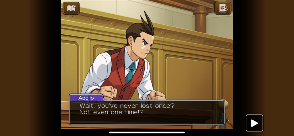 Apollo Justice in a courtroom scene during a trial questioning a witness with a dialogue bubble