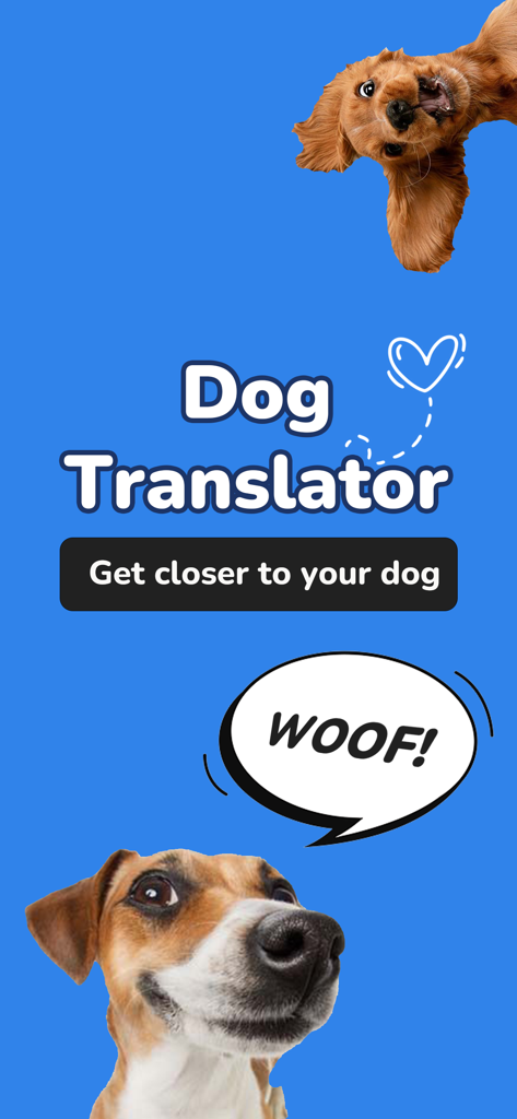 Dog Translator app promotional banner featuring happy dogs and a woof speech bubble
