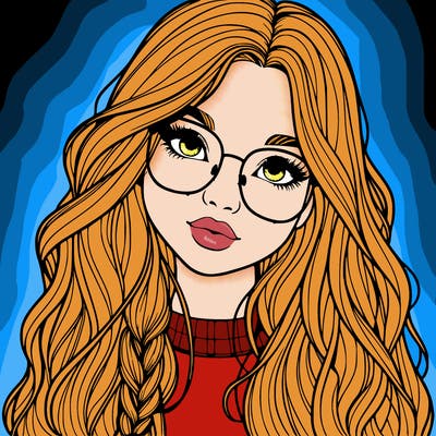 girl with long hair and freckles and glasses realistic
