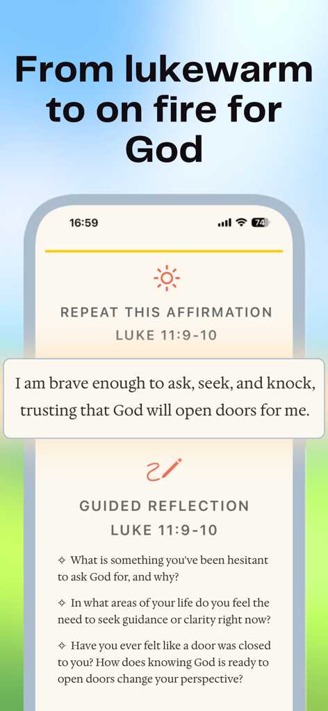 iPhone screen showing a Bible Mode daily affirmation and guided reflection questions based on Luke 11:9-10.