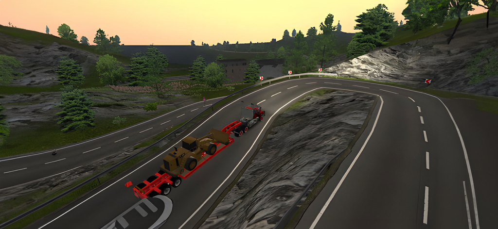 Un camión rojo transportando una excavadora amarilla en una sinuosa carretera de montaña en Universal Truck Simulator
