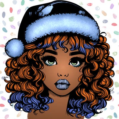 realistic girl with a santa hat curly hair and lips