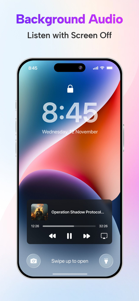 Schermata di blocco dell'iPhone che mostra la funzionalità di riproduzione audio in background per l'app Video Player