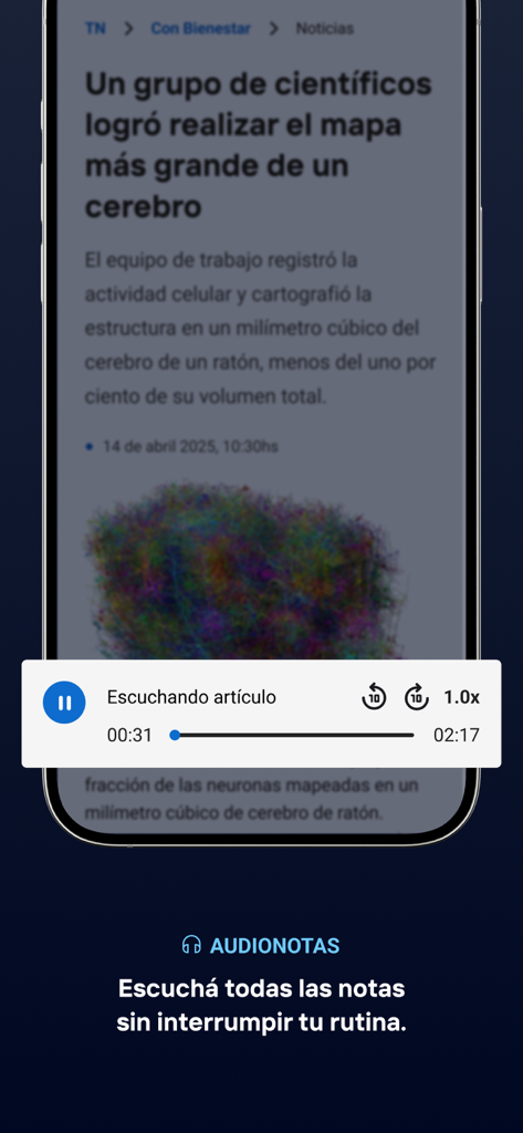 Pantalla de la app de noticias TN que demuestra la función de notas de audio para escuchar artículos