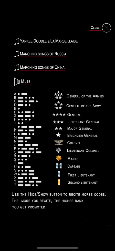 Telegraph - Morse Code ! - Ein Bildschirm, der das Morsecode-Alphabet zusammen mit Insignien militärischer Ränge und Beförderungsanweisungen für gamifiziertes Lernen anzeigt.
