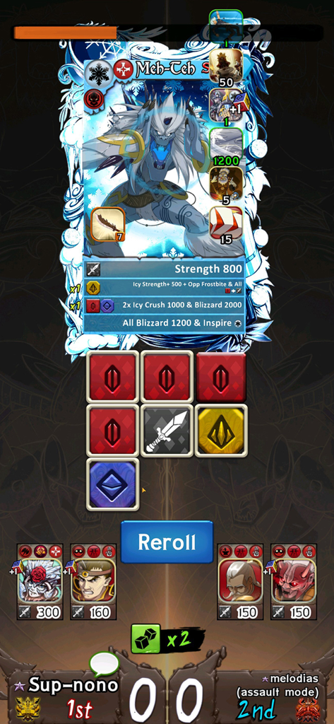 Eredan Arena - Screenshot di gameplay di Eredan Arena che mostra una carta personaggio fantasy e la meccanica di battaglia del rilancio dei dadi