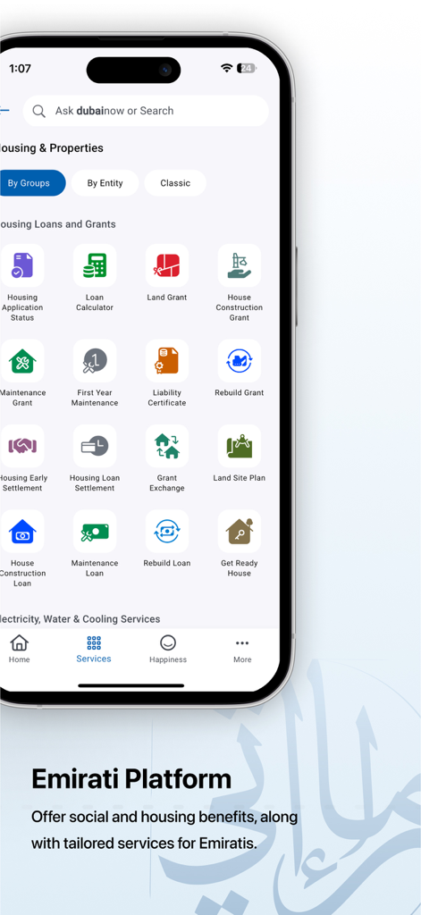 Oberfläche der DubaiNow Mobile App, die Dienstleistungen für Wohnraum- und Immobilienverwaltung anzeigt