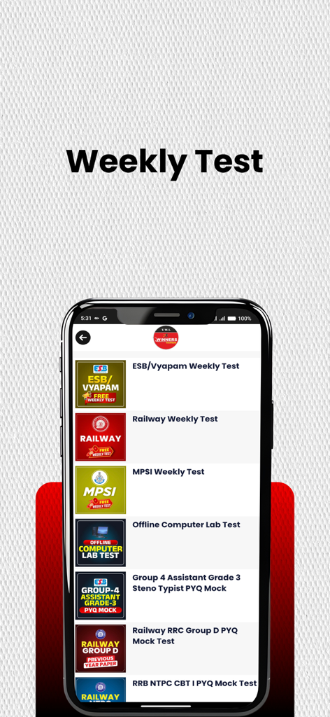 Winners Institute app showing weekly mock tests for competitive exams