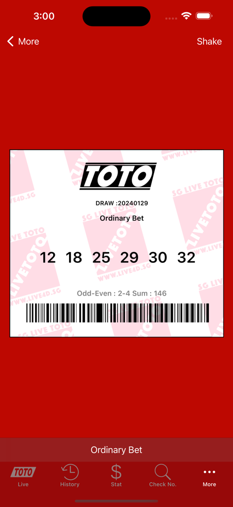 SG Live TOTO - 6개의 숫자와 바코드가 있는 일반 베팅을 보여주는 디지털 TOTO 복권 티켓 화면