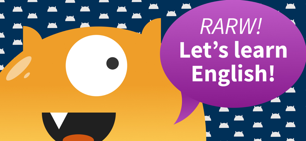 Amichevole mostro arancione con una nuvoletta che dice Impariamo l'inglese.