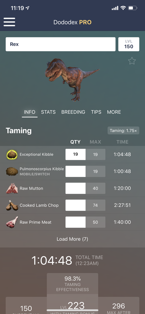 Dododex app interface showing the Rex taming calculator with food quantities and time estimates for ARK Survival Ascended.