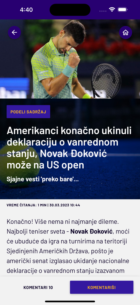 Bildschirm der mobilen Mozzart Sport Portal App mit einem Nachrichtenartikel über Novak Djokovic