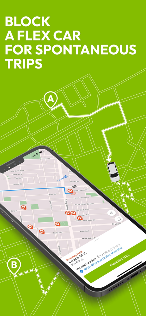 Communauto - Communauto app interface showing a map to block a FLEX car for spontaneous urban trips