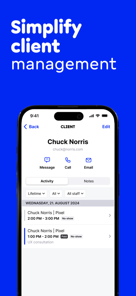 Mobile app interface showing client profile details with appointment history and contact options