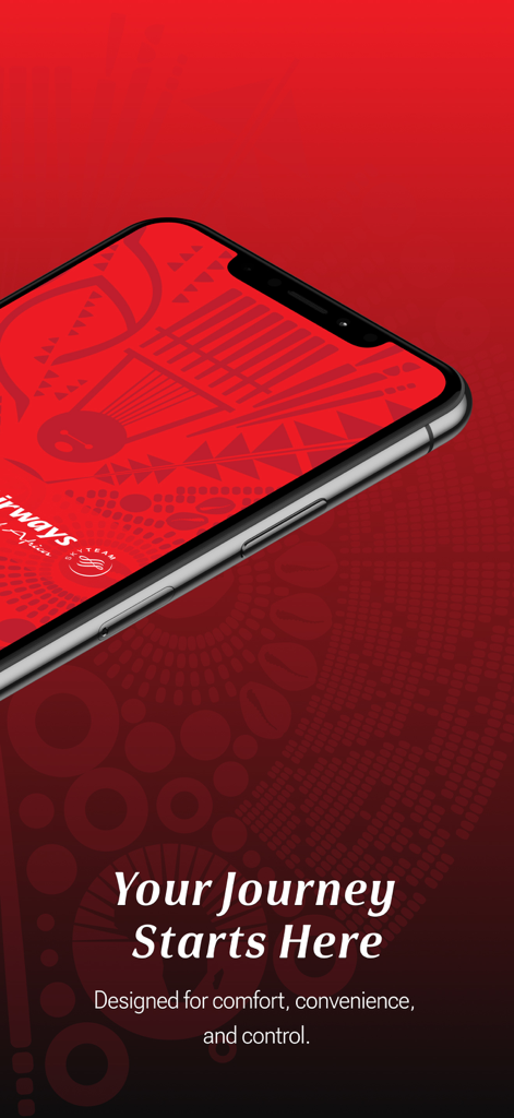 Kenya Airways - ケニア航空モバイルアプリのスプラッシュスクリーン。赤い背景に「Your Journey Starts Here」というスローガンが表示されています。