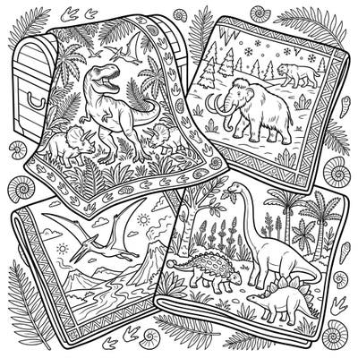 Embark on an epic coloring journey with this unique template showcasing various prehistoric animal blankets. Each blanket design brings to life mighty dinosaurs, colossal mammoths, and ancient landscapes, promising hours of creative fun.