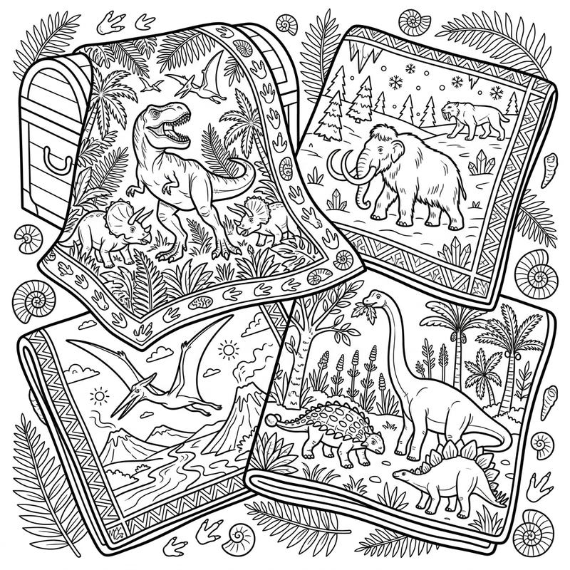 Embark on an epic coloring journey with this unique template showcasing various prehistoric animal blankets. Each blanket design brings to life mighty dinosaurs, colossal mammoths, and ancient landscapes, promising hours of creative fun.