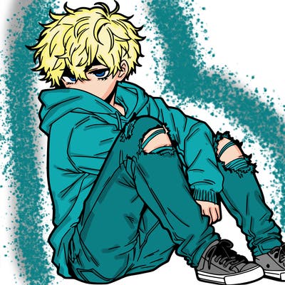 a male hoddie ripped jeans messy hair anime