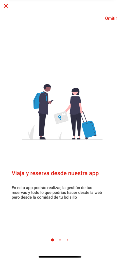 Zwei Geschäftsreisende mit Gepäck auf dem Startbildschirm der App Cocha Corp