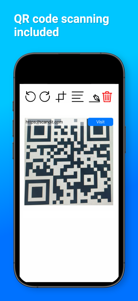 Expert Scan app interface displaying a QR code scanner on an iPhone screen