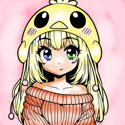 anime girl with chick shaped hat with sweater with bare shoulders with bangs covering them one eye with low tail
