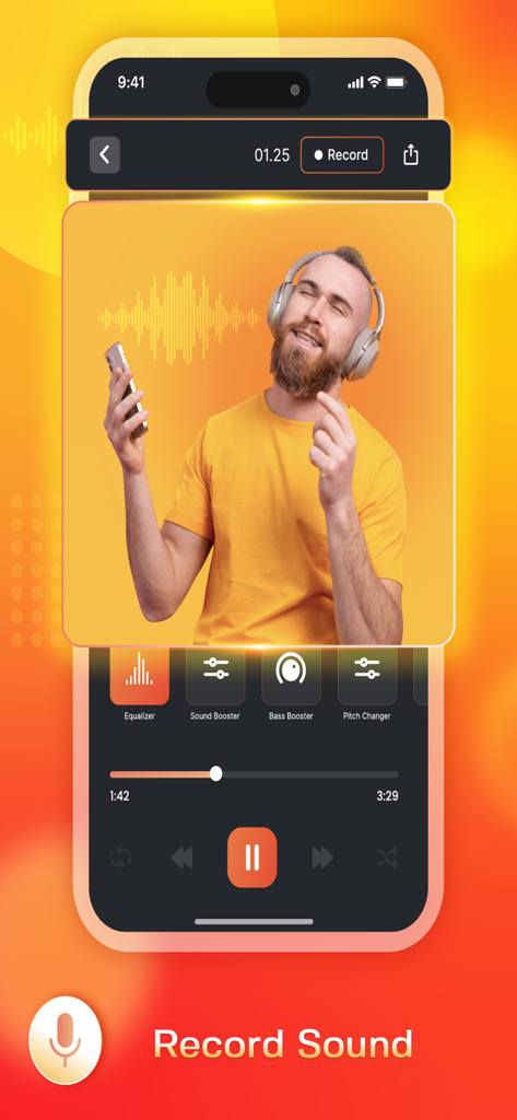 Sonic Equalizer: Bass Booster - A man enjoying music through headphones with the Sonic Equalizer app interface showing the record sound feature