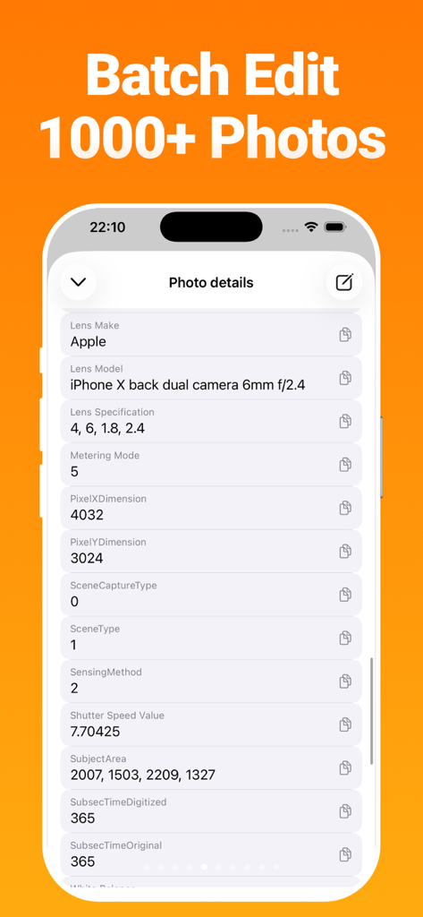 Interface showing detailed photo metadata and the batch edit feature for multiple images