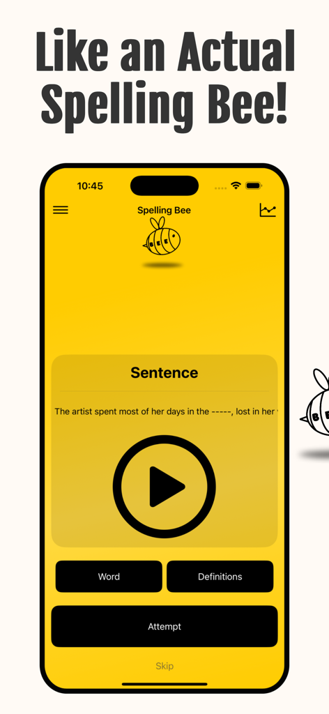 Spelling Bee App: Today's Game - Spelling Bee app practice interface showing a sentence example and audio play button