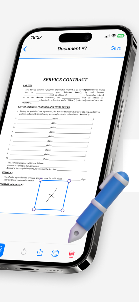 Mobile application interface displaying a service contract document ready for digital signature on a smartphone