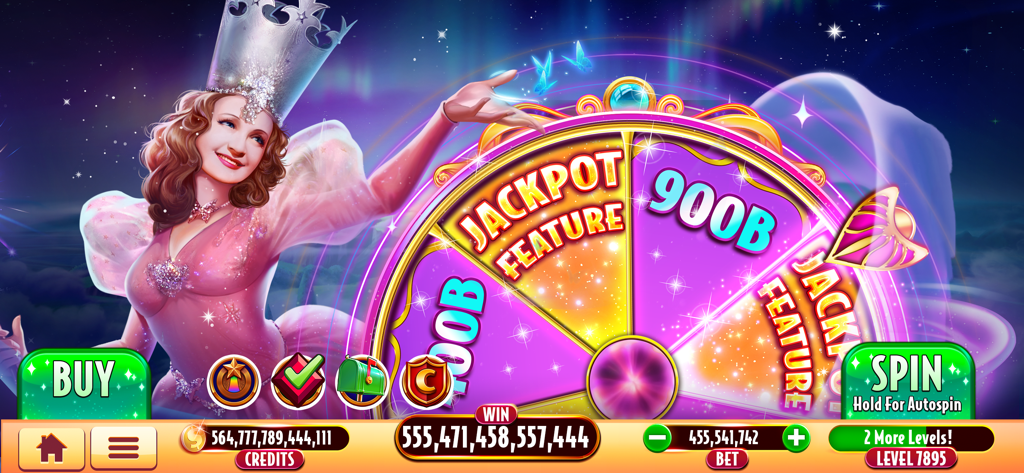 Glinda, la Buena Bruja, de pie junto a una rueda de bonificación de jackpot en El Mago de Oz Slots