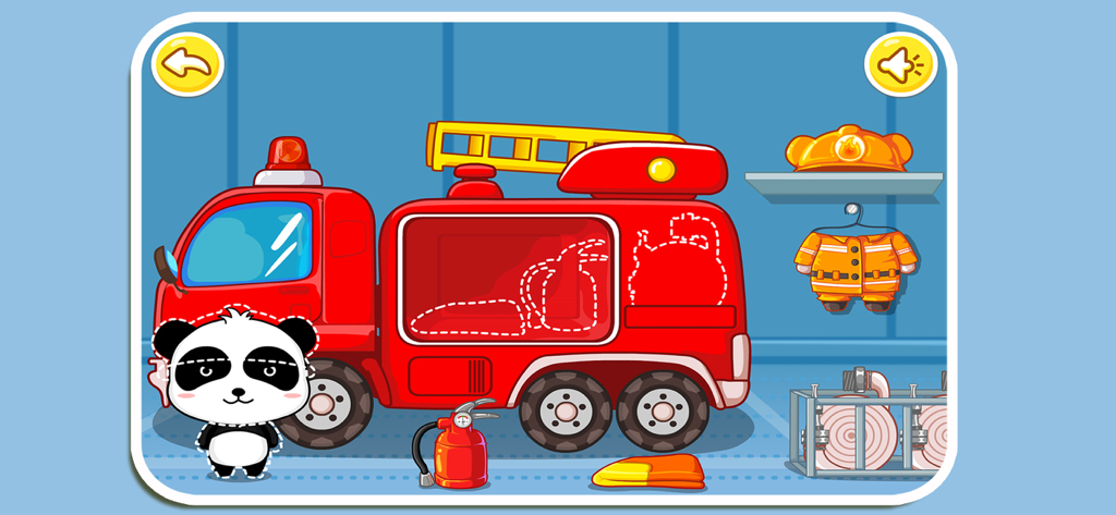 Little Panda Fireman - Little Panda in piedi vicino a un camion dei pompieri rosso con attrezzature antincendio in un garage