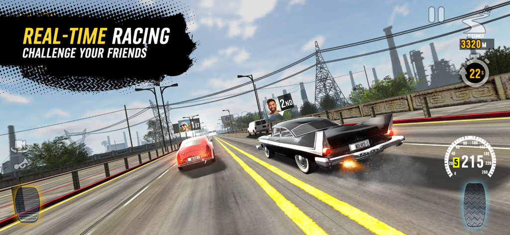 Two classic cars racing on a highway in a real-time multiplayer match