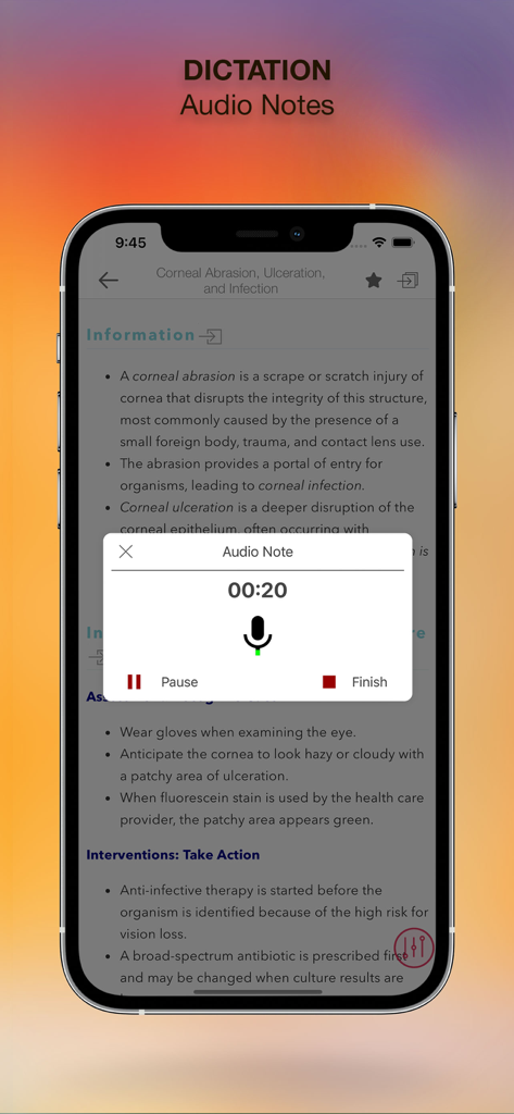 Interfaz de smartphone de la aplicación Med-Surg Nursing que muestra la grabación de una nota de audio para dictado clínico.