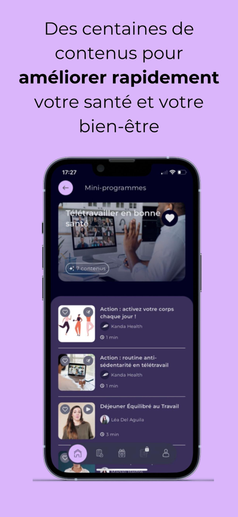 Kanda Health - Kanda Health mobile app interface showing a list of wellness mini-programs for professional health and healthy remote work habits