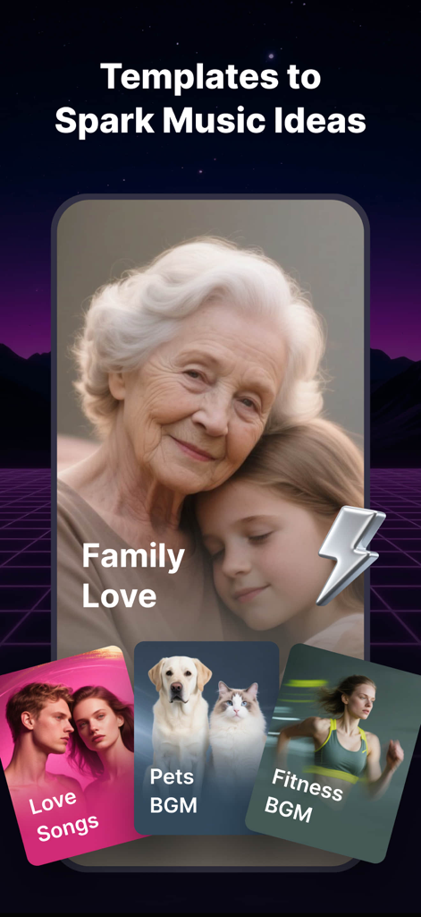 Tela do aplicativo Tad AI Music Generator mostrando modelos criativos para Amor de Família, Canções de Amor, BGM de Pets e BGM de Fitness.