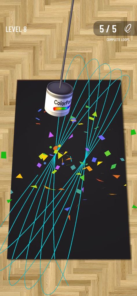 A swinging paint can creating teal geometric patterns on a black canvas in the I Can Paint mobile app