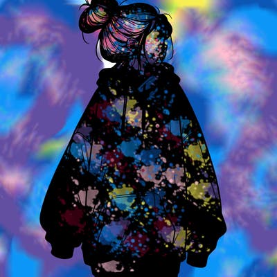 realistic girl with a oversized sweatshirt on and a bun