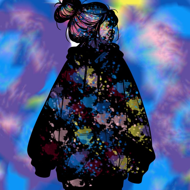 realistic girl with a oversized sweatshirt on and a bun