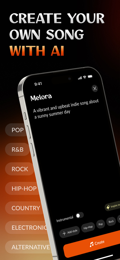 Melora: AI Music Generator - Melora app interface for creating a custom song with AI prompts and music styles