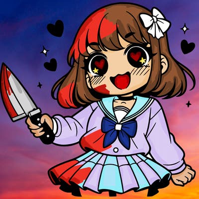 a girl in a school outfit with hearts in her eyes and holding a knife