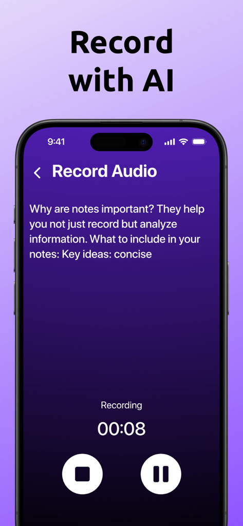Interfaz de la aplicación AI Note Taker mostrando una grabación de voz en progreso con transcripción de texto en tiempo real.