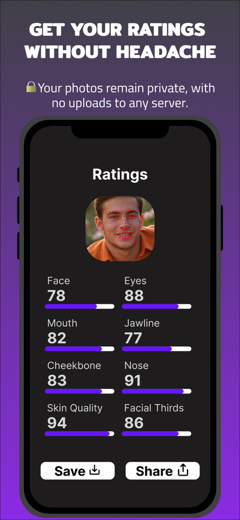 VibeMax: Face Analyzer - VibeMax app interface showing detailed facial ratings for features like jawline and skin quality