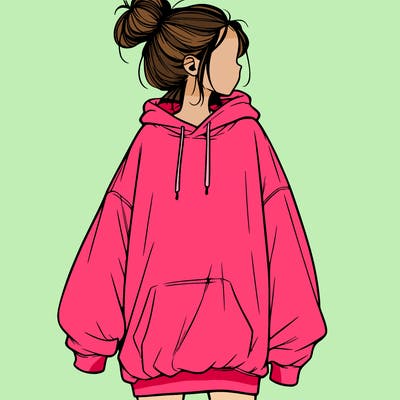 realistic girl with a oversized sweatshirt on and a bun