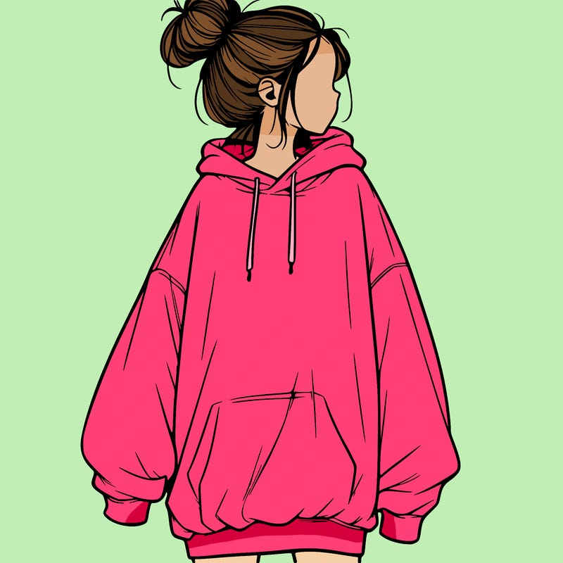 realistic girl with a oversized sweatshirt on and a bun